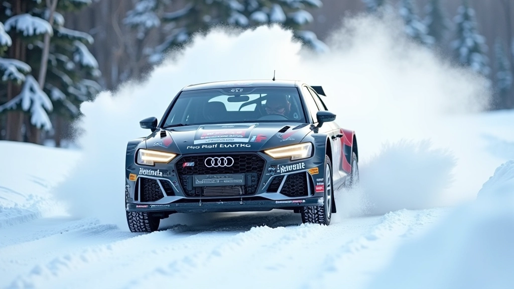 Audi Quattro S1 rallisõit lumises maastikus, sõitja roolis, kiire kõveras, tehisega osutatud vedu