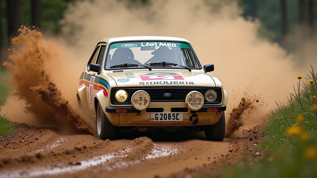 Ford Escort RS täiskiirusel mudakadudega ralliteel, demonstreerides jõudlust ja käitumist tegelik rallipargis