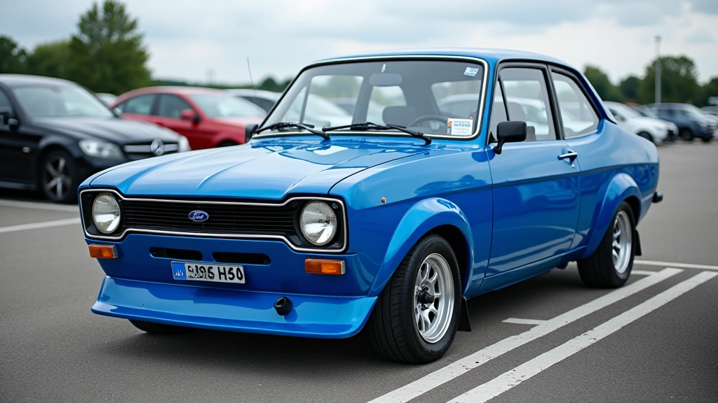 Sinine Ford Escort RS Cosworth mudel parklast, klassikaline stiil, särav metalliline
