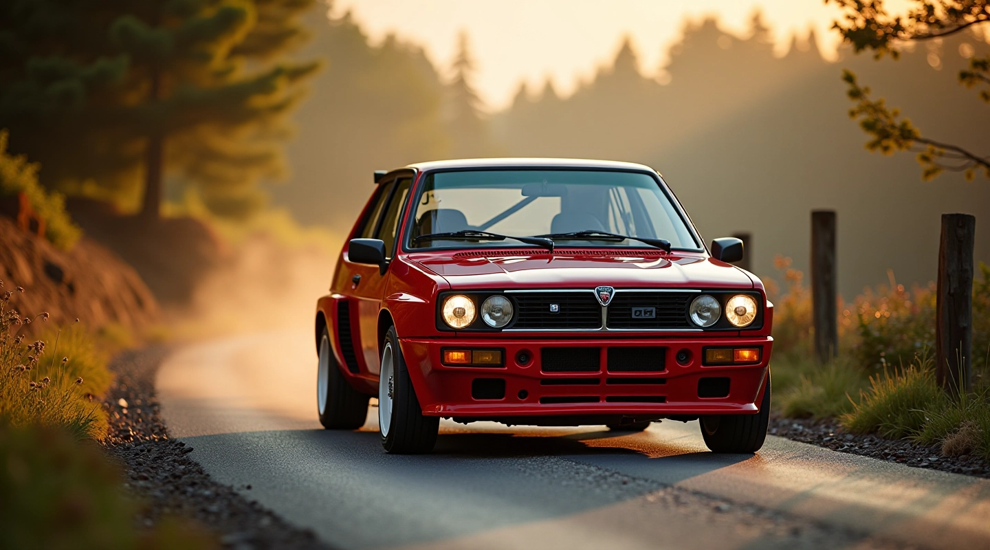 Klassikaline Lancia Delta punane ralliaut teelehel, hommikuvalgus