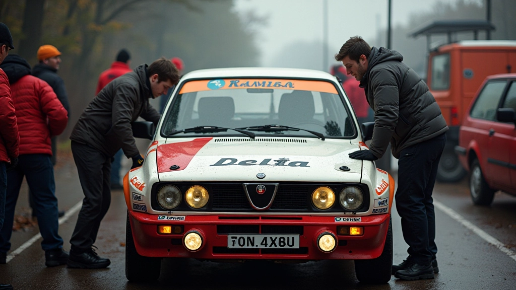 Lancia Delta rallimasin rallipunktil, meeskonnaliikmed, klassikaline 1980ndate atmosfäär, dokumentaalse stiiliga foto