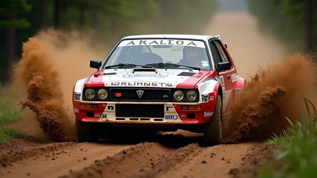 Lancia Delta rallimasin kiirenduse hetkel, mudane tee, võistlusatmosf. professionaalse foto