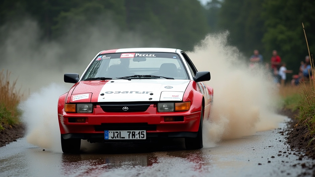 Punane ja valge Toyota Celica võistlusmasin, rahvusvahelisel rallil, 1990ndate suuremaa võistlus, võidukalt
