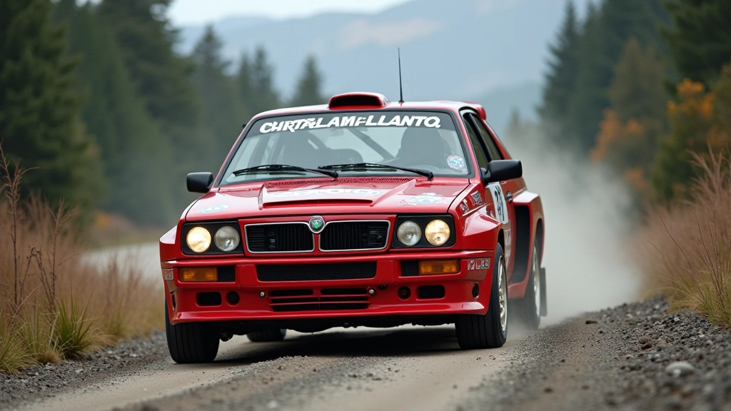 Punane Lancia Delta HF Integraale kõrval teelehel, kuiv päev, 1990ndate stiil