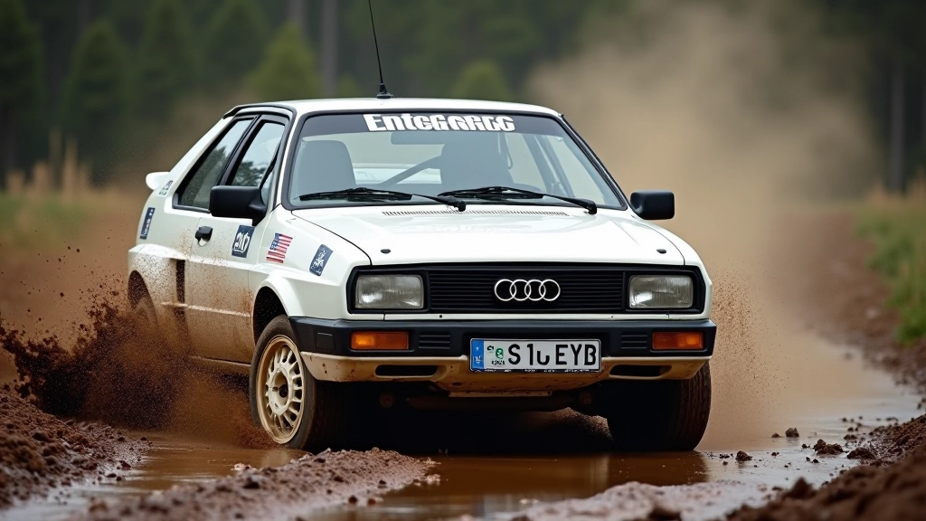 Valge Audi Quattro S1 ralliautot mudas, 1980. aasta stiil, võistlusmaastik